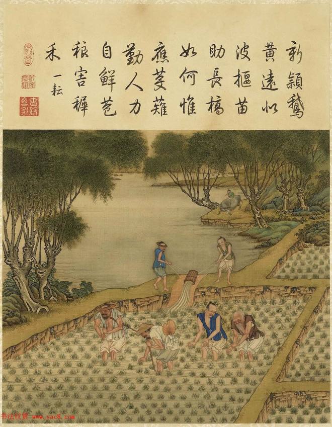 清代宫廷画师陈枚彩绘本《耕织图》传世字画