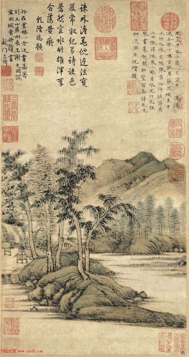 元代倪瓒字画《水竹居图》（乾隆、董邦达、蒋溥题诗）传世字画