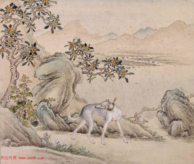 清代嵇璜书法+艾启蒙绘画《十骏犬图册》传世字画