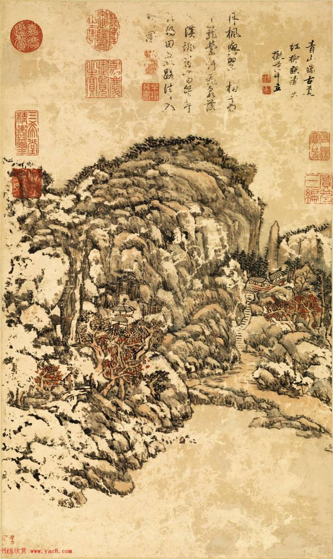 清代王原祁画山水轴附书法题跋传世字画