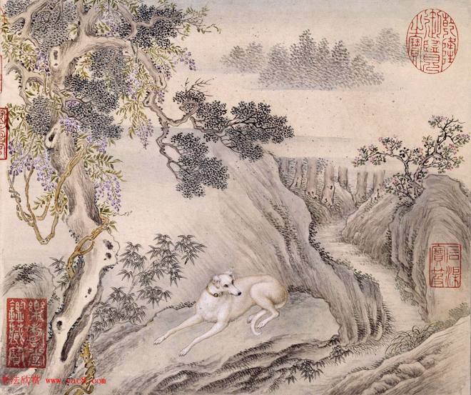 清代嵇璜书法+艾启蒙绘画《十骏犬图册》传世字画