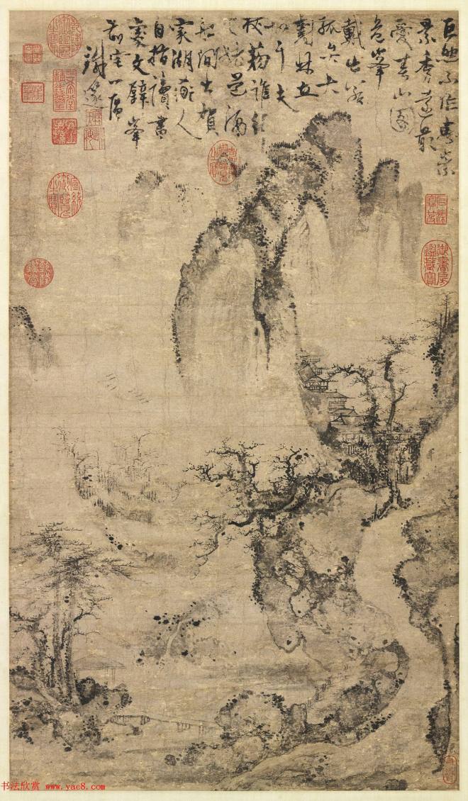 元代杨维祯题诗春山图轴传世字画