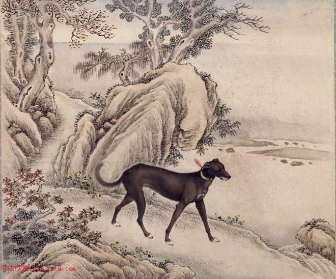 清代嵇璜书法+艾启蒙绘画《十骏犬图册》传世字画